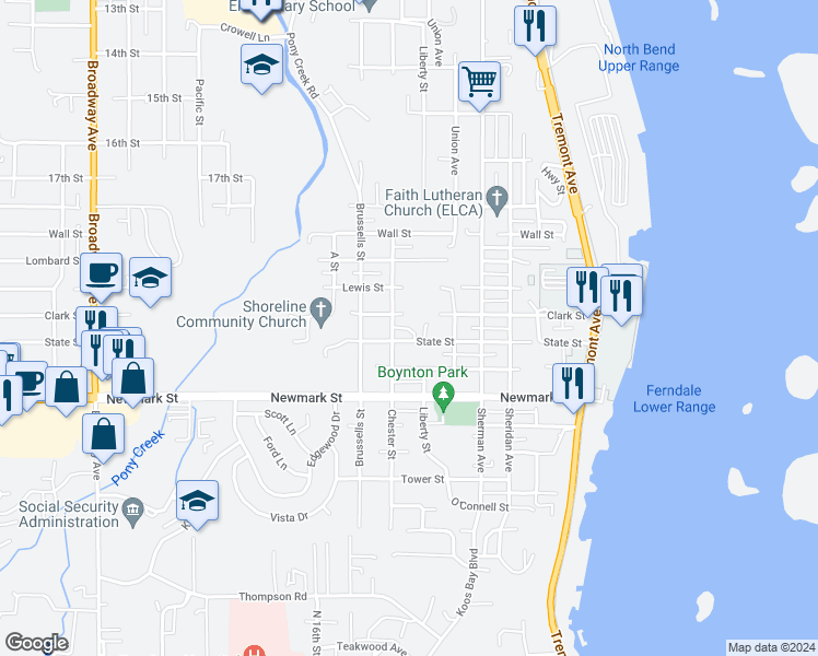 map of restaurants, bars, coffee shops, grocery stores, and more near 3101 Liberty Street in North Bend
