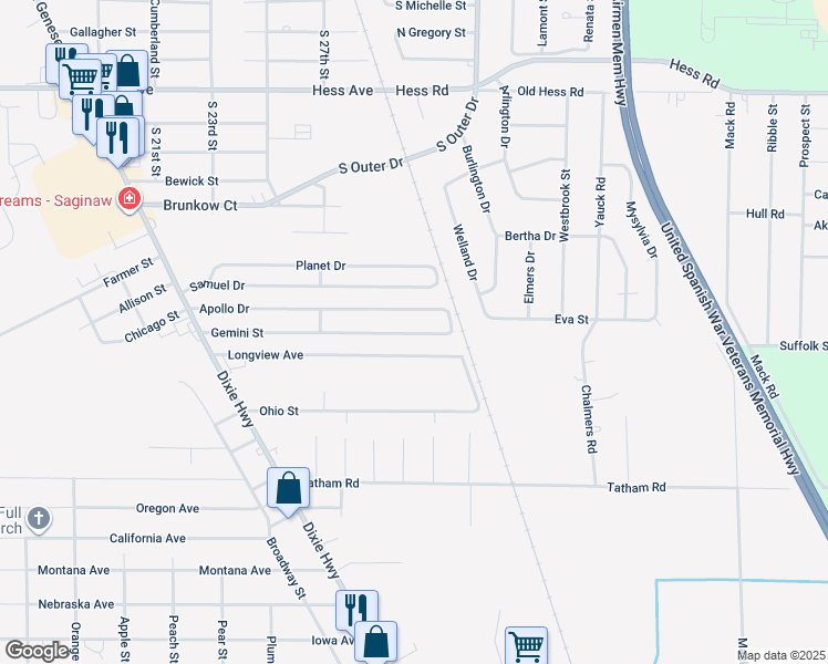 map of restaurants, bars, coffee shops, grocery stores, and more near 2920 Gemini Street in Saginaw