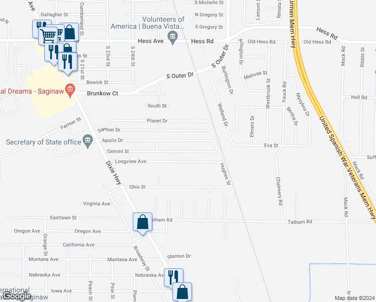 map of restaurants, bars, coffee shops, grocery stores, and more near 2920 Gemini Street in Saginaw
