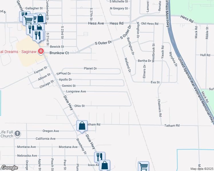 map of restaurants, bars, coffee shops, grocery stores, and more near 2775 Longview Avenue in Saginaw