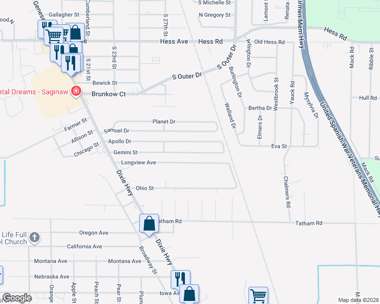 map of restaurants, bars, coffee shops, grocery stores, and more near 2775 Longview Avenue in Saginaw