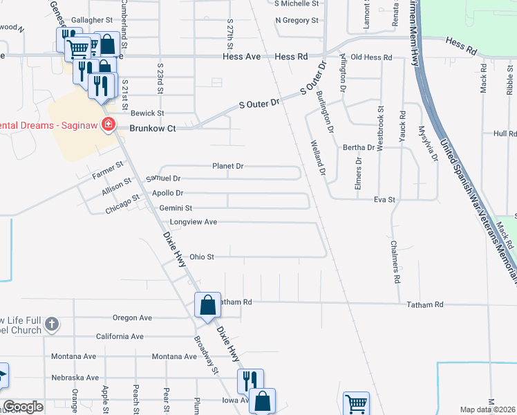 map of restaurants, bars, coffee shops, grocery stores, and more near 2775 Longview Avenue in Saginaw