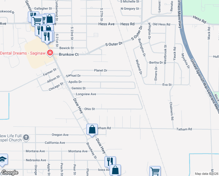 map of restaurants, bars, coffee shops, grocery stores, and more near 2775 Longview Avenue in Saginaw