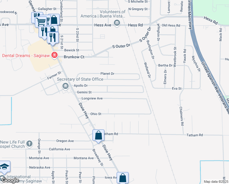 map of restaurants, bars, coffee shops, grocery stores, and more near 2687 Longview Avenue in Saginaw