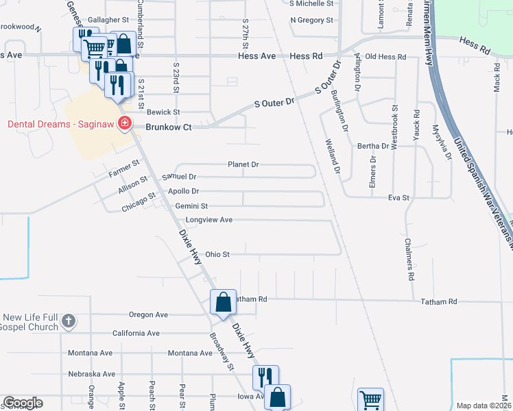 map of restaurants, bars, coffee shops, grocery stores, and more near 2687 Longview Avenue in Saginaw