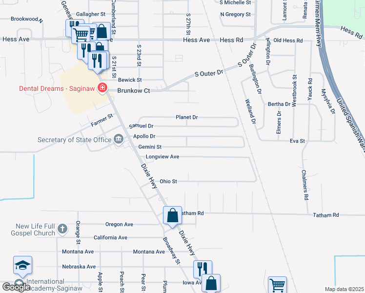 map of restaurants, bars, coffee shops, grocery stores, and more near 2687 Longview Avenue in Saginaw