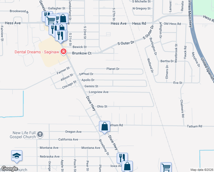 map of restaurants, bars, coffee shops, grocery stores, and more near 2623 Longview Avenue in Saginaw