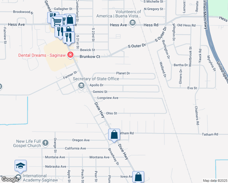 map of restaurants, bars, coffee shops, grocery stores, and more near 2623 Longview Avenue in Saginaw