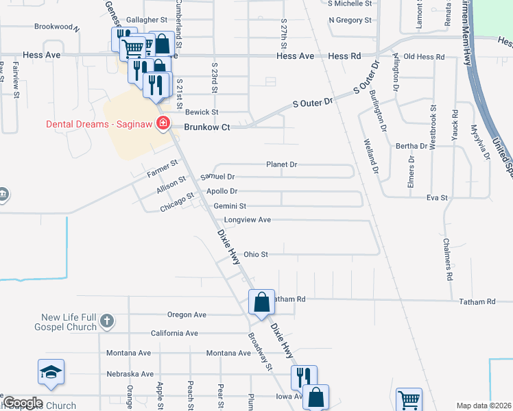 map of restaurants, bars, coffee shops, grocery stores, and more near 2623 Longview Avenue in Saginaw
