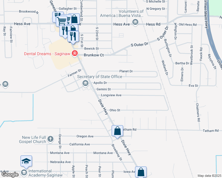 map of restaurants, bars, coffee shops, grocery stores, and more near 2547 Longview Avenue in Saginaw