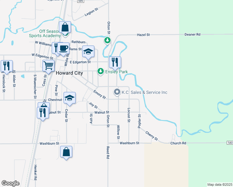 map of restaurants, bars, coffee shops, grocery stores, and more near 332 Willow Street in Howard City