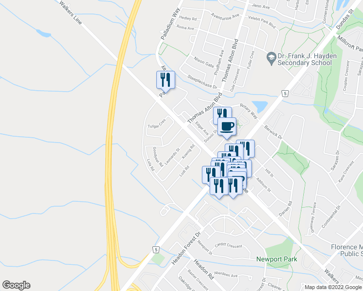 map of restaurants, bars, coffee shops, grocery stores, and more near 3958 Leonardo Street in Burlington