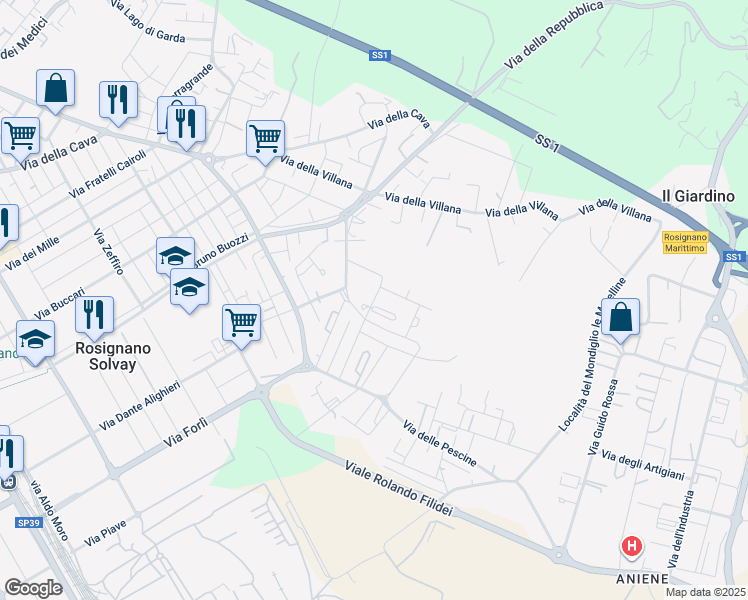 map of restaurants, bars, coffee shops, grocery stores, and more near 1 Via Rino Pachetti in Provincia di Livorno