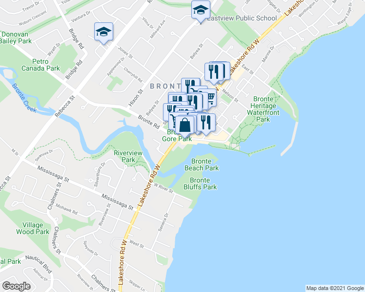 map of restaurants, bars, coffee shops, grocery stores, and more near 409 Bronte Road in Oakville