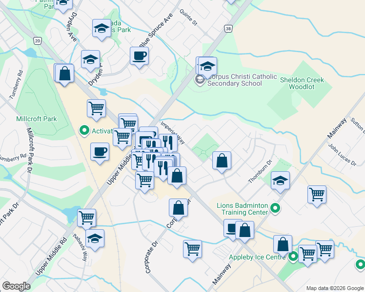 map of restaurants, bars, coffee shops, grocery stores, and more near 1850 Imperial Way in Burlington
