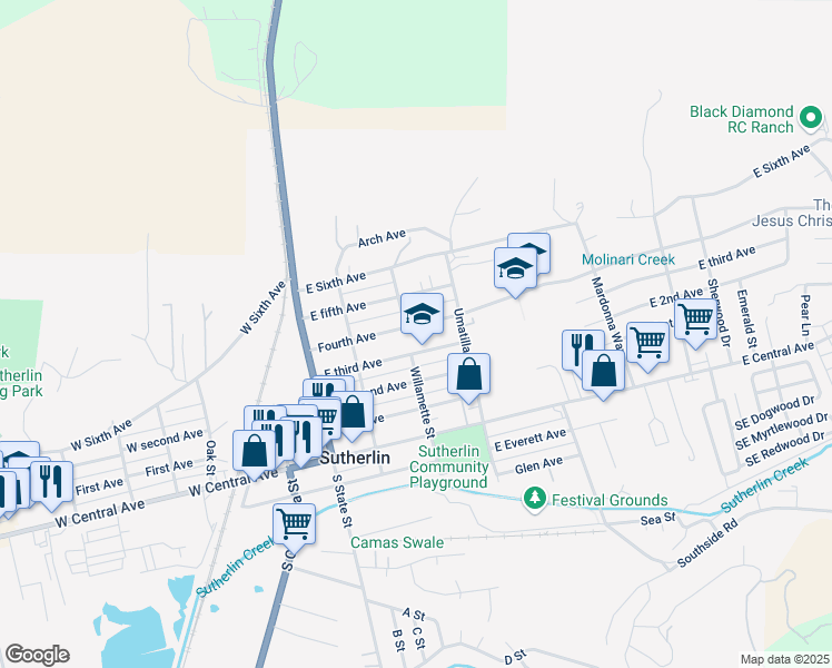 map of restaurants, bars, coffee shops, grocery stores, and more near 323 East third Avenue in Sutherlin