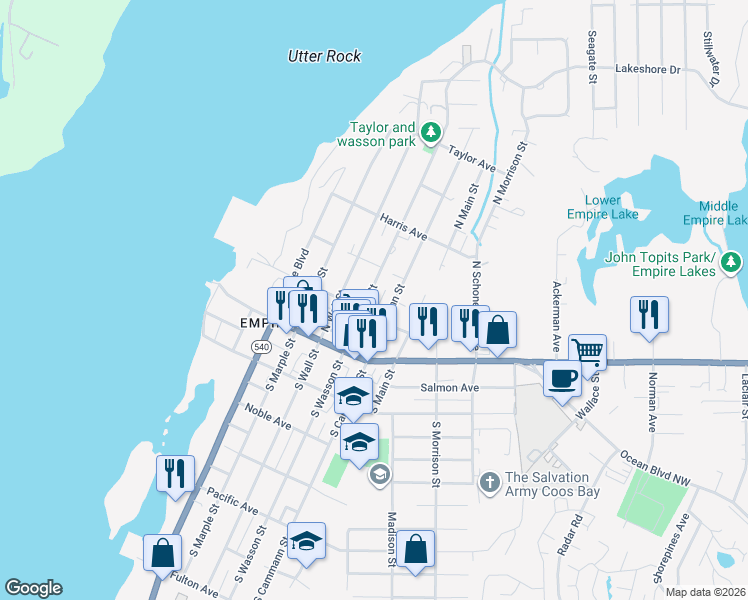 map of restaurants, bars, coffee shops, grocery stores, and more near 250 North Cammann Street in Coos Bay
