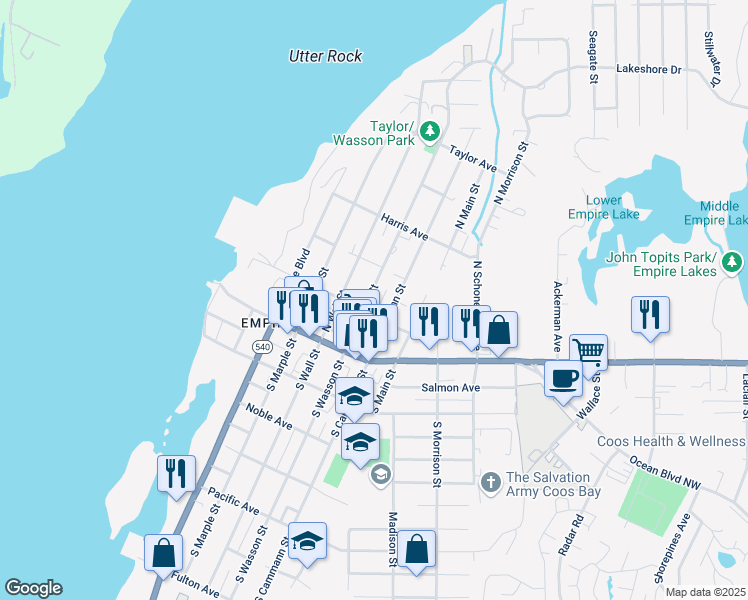 map of restaurants, bars, coffee shops, grocery stores, and more near 250 North Cammann Street in Coos Bay