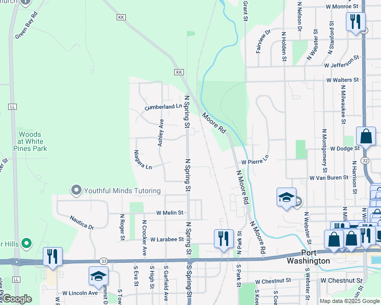 map of restaurants, bars, coffee shops, grocery stores, and more near 610 North Spring Street in Port Washington