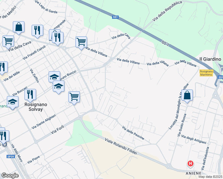 map of restaurants, bars, coffee shops, grocery stores, and more near 1 Via Rino Pachetti in Provincia di Livorno