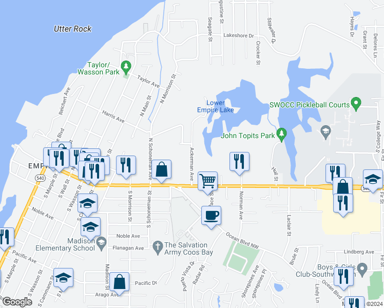 map of restaurants, bars, coffee shops, grocery stores, and more near 335 Ackerman Avenue in Coos Bay