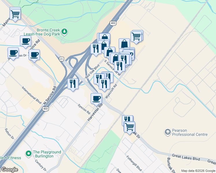 map of restaurants, bars, coffee shops, grocery stores, and more near 3531 Wyecroft Road in Oakville