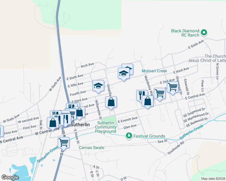 map of restaurants, bars, coffee shops, grocery stores, and more near 414 Umatilla Street in Sutherlin