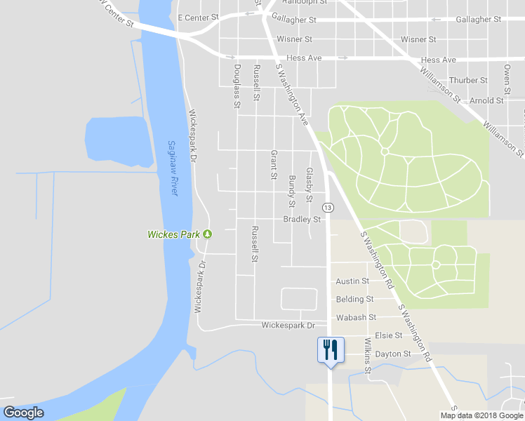 map of restaurants, bars, coffee shops, grocery stores, and more near 3326 Russell Street in Saginaw