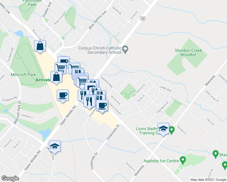 map of restaurants, bars, coffee shops, grocery stores, and more near 1854 Imperial Way in Burlington
