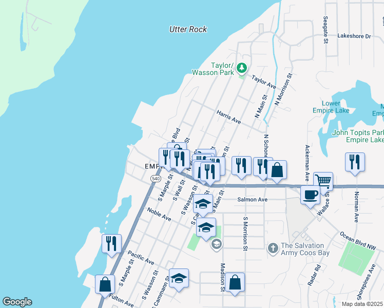 map of restaurants, bars, coffee shops, grocery stores, and more near 190 North Wall Street in Coos Bay