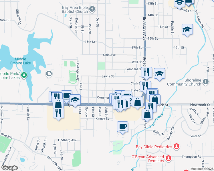 map of restaurants, bars, coffee shops, grocery stores, and more near 2397 Clark Street in North Bend