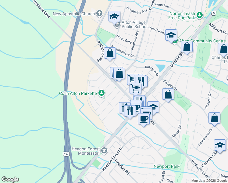 map of restaurants, bars, coffee shops, grocery stores, and more near 3958 Leonardo Street in Burlington