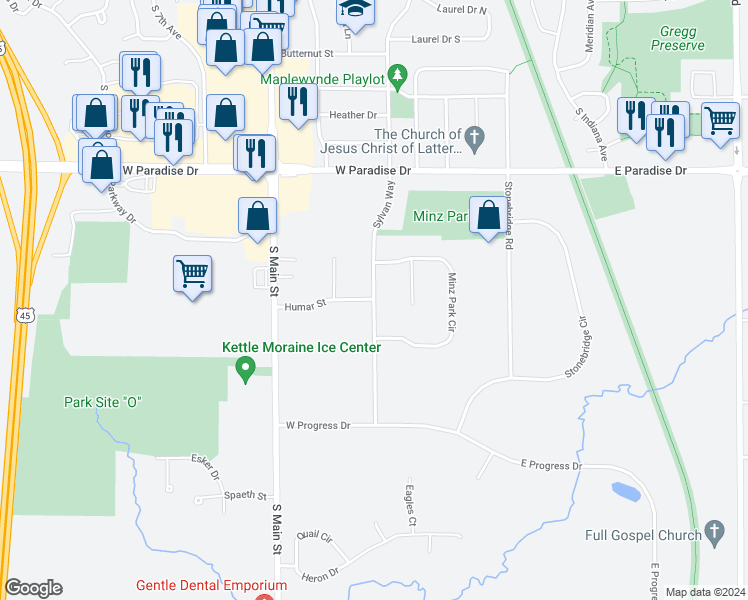 map of restaurants, bars, coffee shops, grocery stores, and more near 2135 Sylvan Way in West Bend