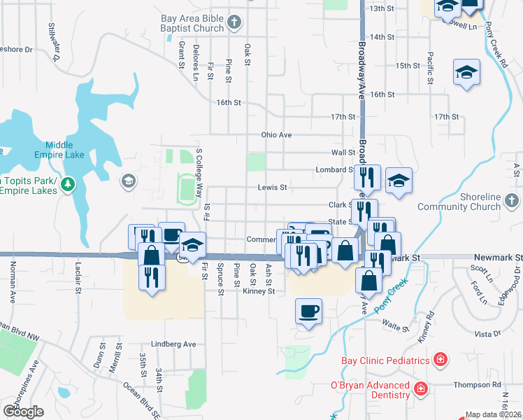map of restaurants, bars, coffee shops, grocery stores, and more near 2397 Clark Street in North Bend