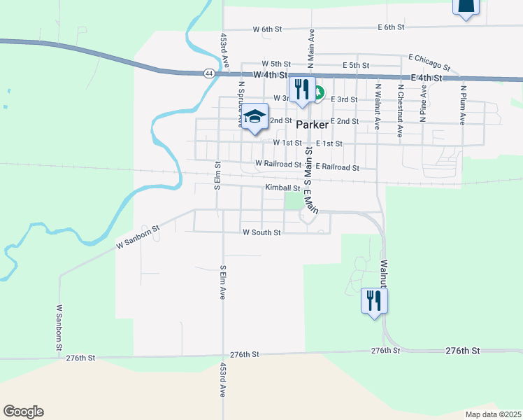 map of restaurants, bars, coffee shops, grocery stores, and more near 300 West Sanborn Street in Parker