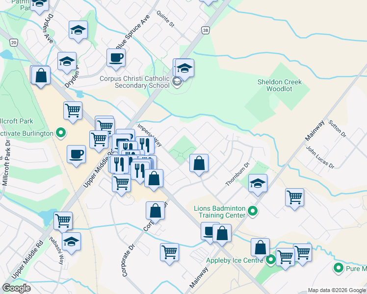 map of restaurants, bars, coffee shops, grocery stores, and more near 1811 Imperial Way in Burlington