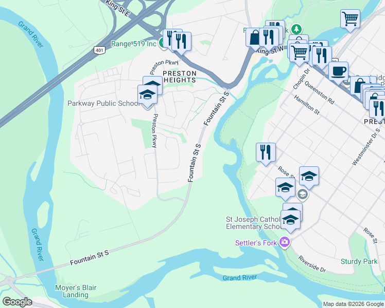 map of restaurants, bars, coffee shops, grocery stores, and more near 530 Fountain Street South in Cambridge