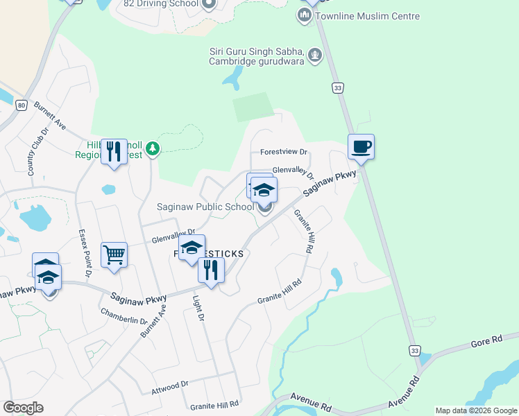 map of restaurants, bars, coffee shops, grocery stores, and more near 740 Saginaw Parkway in Cambridge