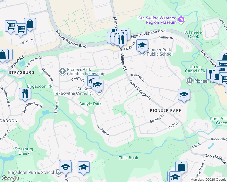 map of restaurants, bars, coffee shops, grocery stores, and more near 135 Vintage Crescent in Kitchener