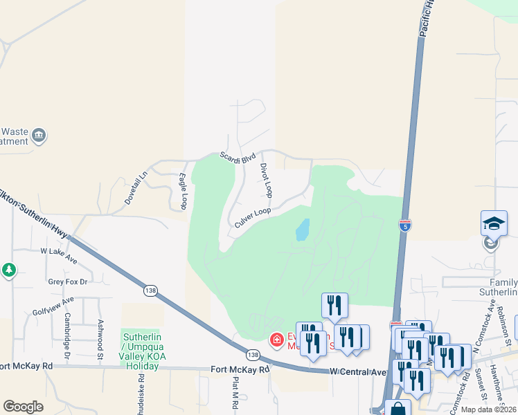 map of restaurants, bars, coffee shops, grocery stores, and more near 1955 Culver Loop in Sutherlin