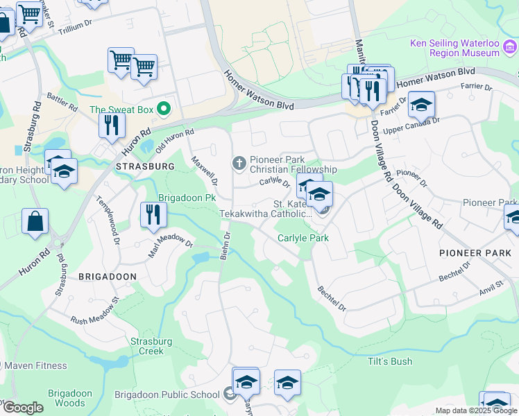 map of restaurants, bars, coffee shops, grocery stores, and more near 33 Carlyle Place in Kitchener