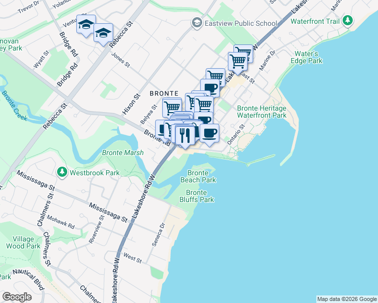 map of restaurants, bars, coffee shops, grocery stores, and more near in Oakville