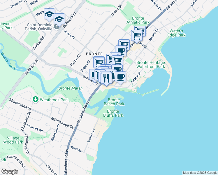 map of restaurants, bars, coffee shops, grocery stores, and more near 100 Bronte Road in Oakville