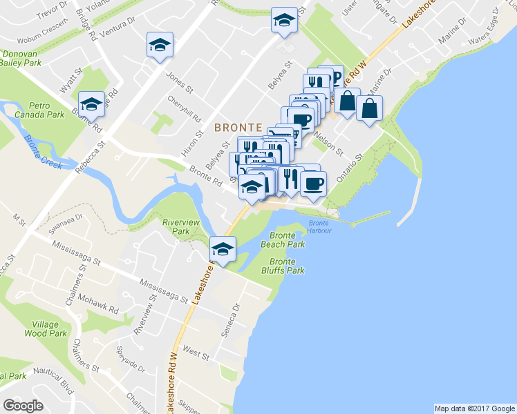map of restaurants, bars, coffee shops, grocery stores, and more near 409 Bronte Road in Oakville