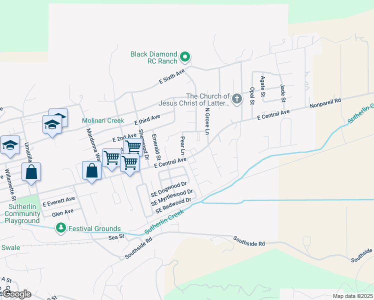 map of restaurants, bars, coffee shops, grocery stores, and more near 1239 East Central Avenue in Sutherlin