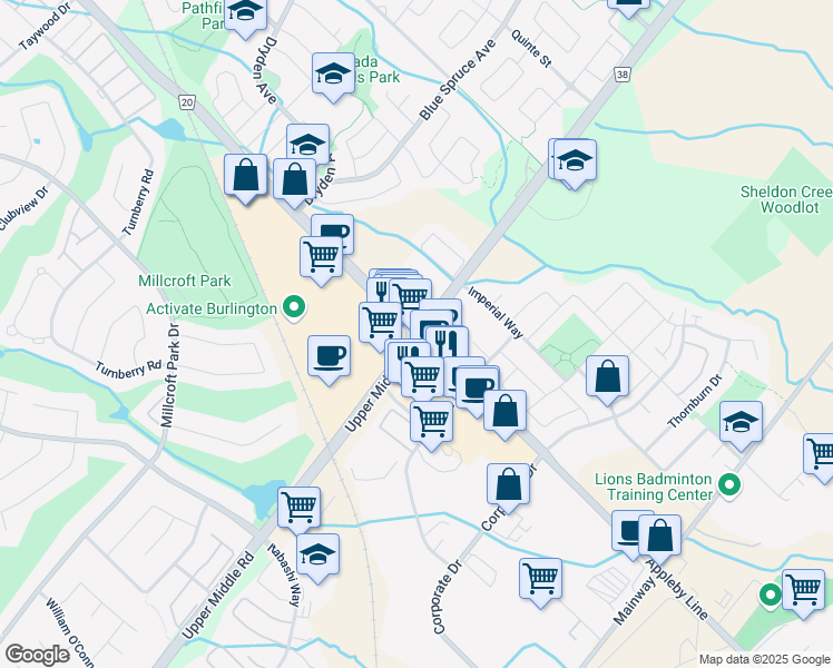 map of restaurants, bars, coffee shops, grocery stores, and more near Upper Middle Rd & Appleby Line in Burlington