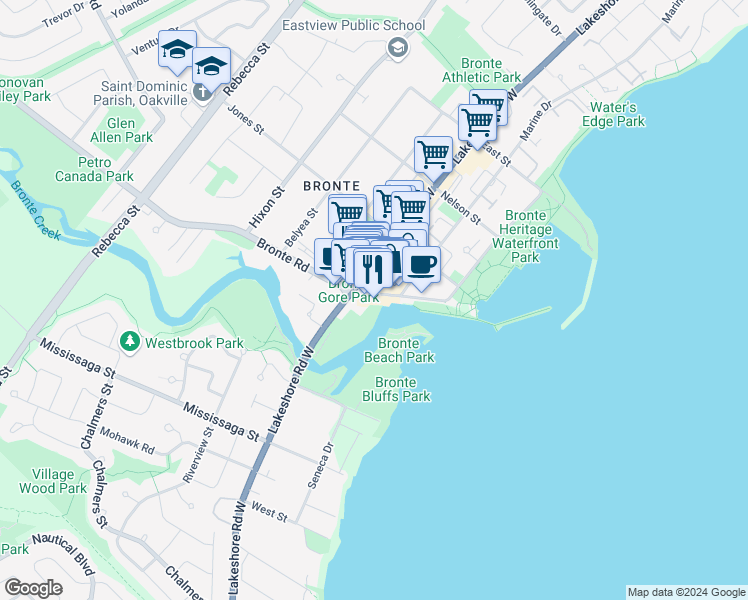 map of restaurants, bars, coffee shops, grocery stores, and more near 100 Bronte Road in Oakville