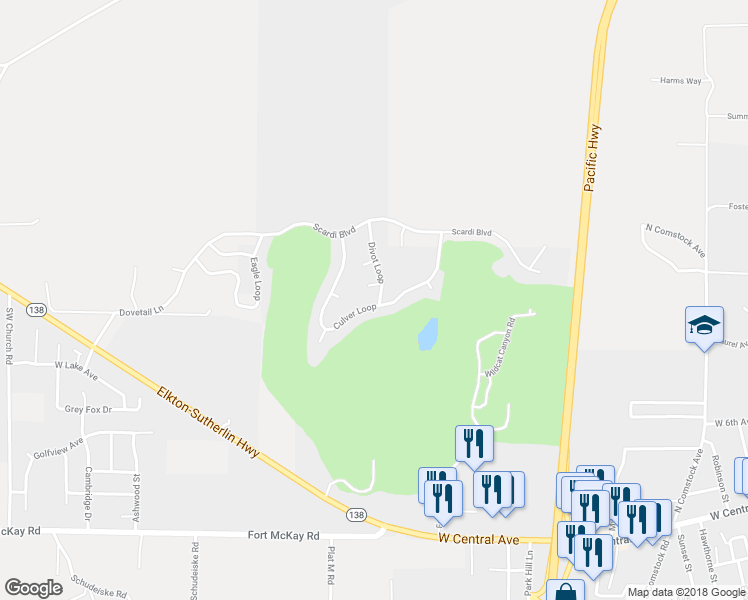 map of restaurants, bars, coffee shops, grocery stores, and more near 601 Divot Loop in Sutherlin