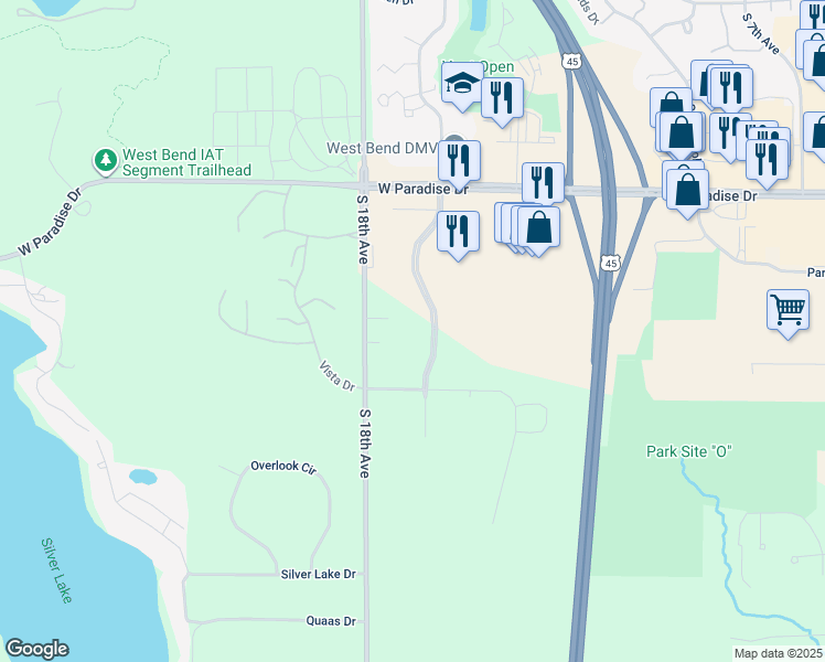 map of restaurants, bars, coffee shops, grocery stores, and more near 2130 Continental Drive in West Bend