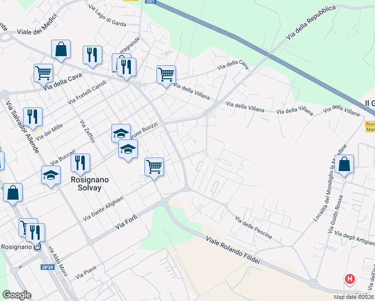 map of restaurants, bars, coffee shops, grocery stores, and more near 3 Via C. Pascarella in Rosignano Solvay-Castiglioncello